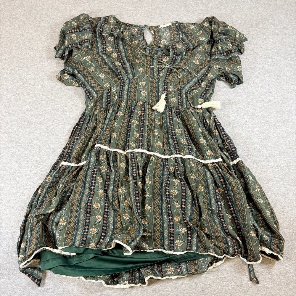 In Loom Mini Dress Womens Medium Green Floral Boho Tassel Smocked Tiered